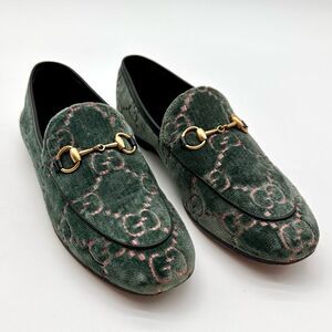 Gucci Jordaan GG Monogram Velvet Loafers Horsebit Flats Green & Pink EU 37 US 7